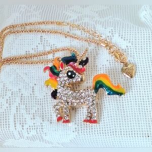 Colorful "One-of-a-kind" Rainbow enamel Unicorn pendant necklace, rhinestones
